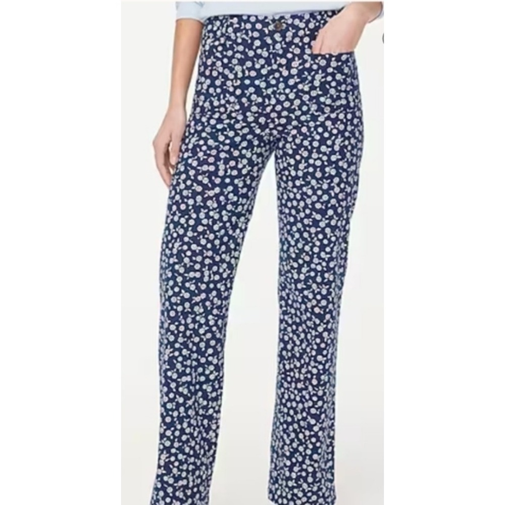 J. Crew Lizzie Pants Women 28 Navy Floral High Rise Wide Leg Patch Pocket